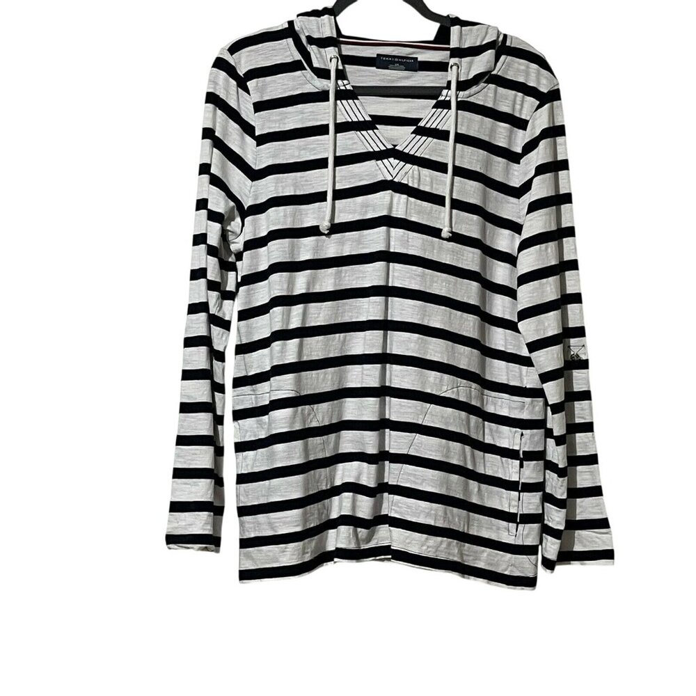 Tommy Hilfiger Size L Striped Cotton Hooded Lightweight Pullover Pockets